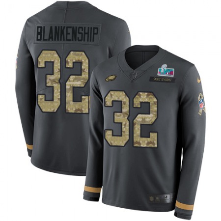 Nike Eagles #32 Reed Blankenship Anthracite Salute to Service Super Bowl LVII Patch Men's Stitched NFL Limited Therma Long Sleeve Jersey