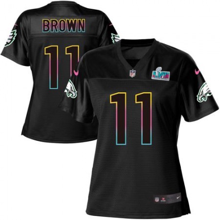 Nike Eagles #11 A.J. Brown Black Super Bowl LVII Patch Women's NFL Fashion Game Jersey