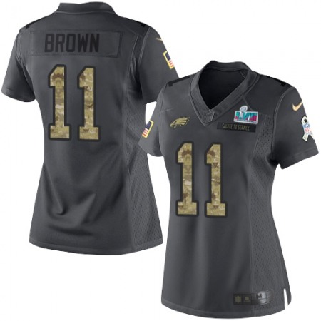 Nike Eagles #11 A.J. Brown Black Super Bowl LVII Patch Women's Stitched NFL Limited 2016 Salute to Service Jersey