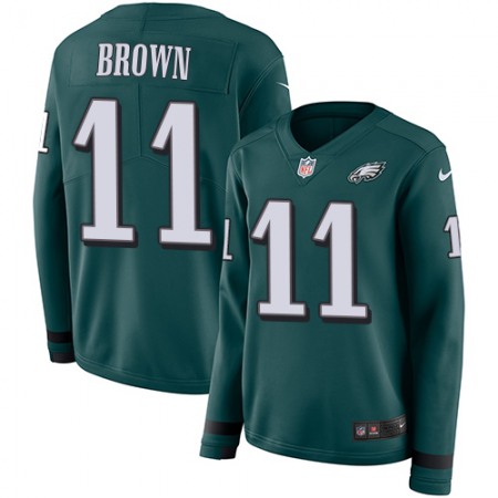 Nike Eagles #11 A.J. Brown Green Team Color Women's Stitched NFL Limited Therma Long Sleeve Jersey