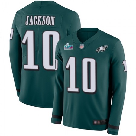 Nike Eagles #10 DeSean Jackson Green Super Bowl LVII Patch Team Color Youth Stitched NFL Limited Therma Long Sleeve Jersey