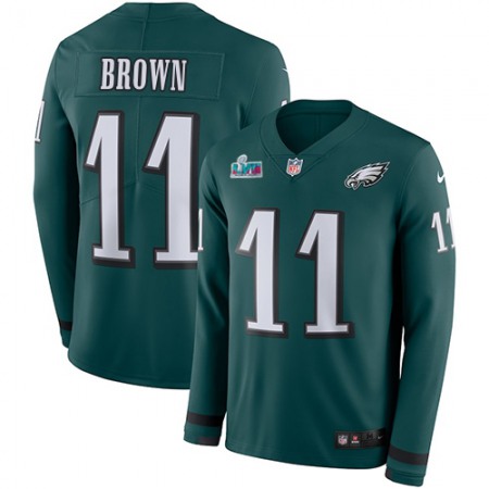 Nike Eagles #11 A.J. Brown Green Team Color Super Bowl LVII Patch Youth Stitched NFL Limited Therma Long Sleeve Jersey