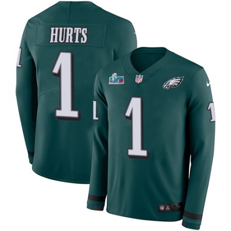 Nike Eagles #1 Jalen Hurts Green Super Bowl LVII Patch Team Color Youth Stitched NFL Limited Therma Long Sleeve Jersey