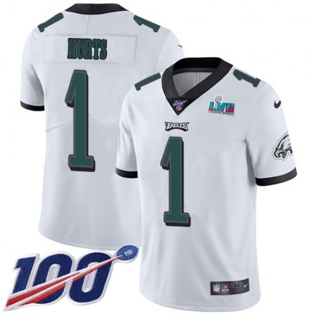 Nike Eagles #1 Jalen Hurts White Super Bowl LVII Patch Youth Stitched NFL 100th Season Vapor Limited Jersey