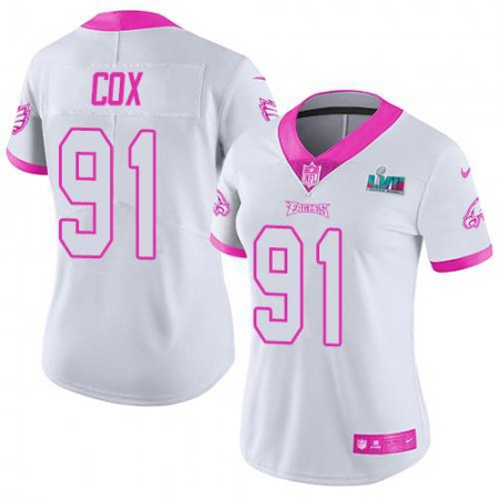 Nike Eagles #91 Fletcher Cox White/Pink Super Bowl LVII Patch Women's Stitched NFL Limited Rush Fashion Jersey